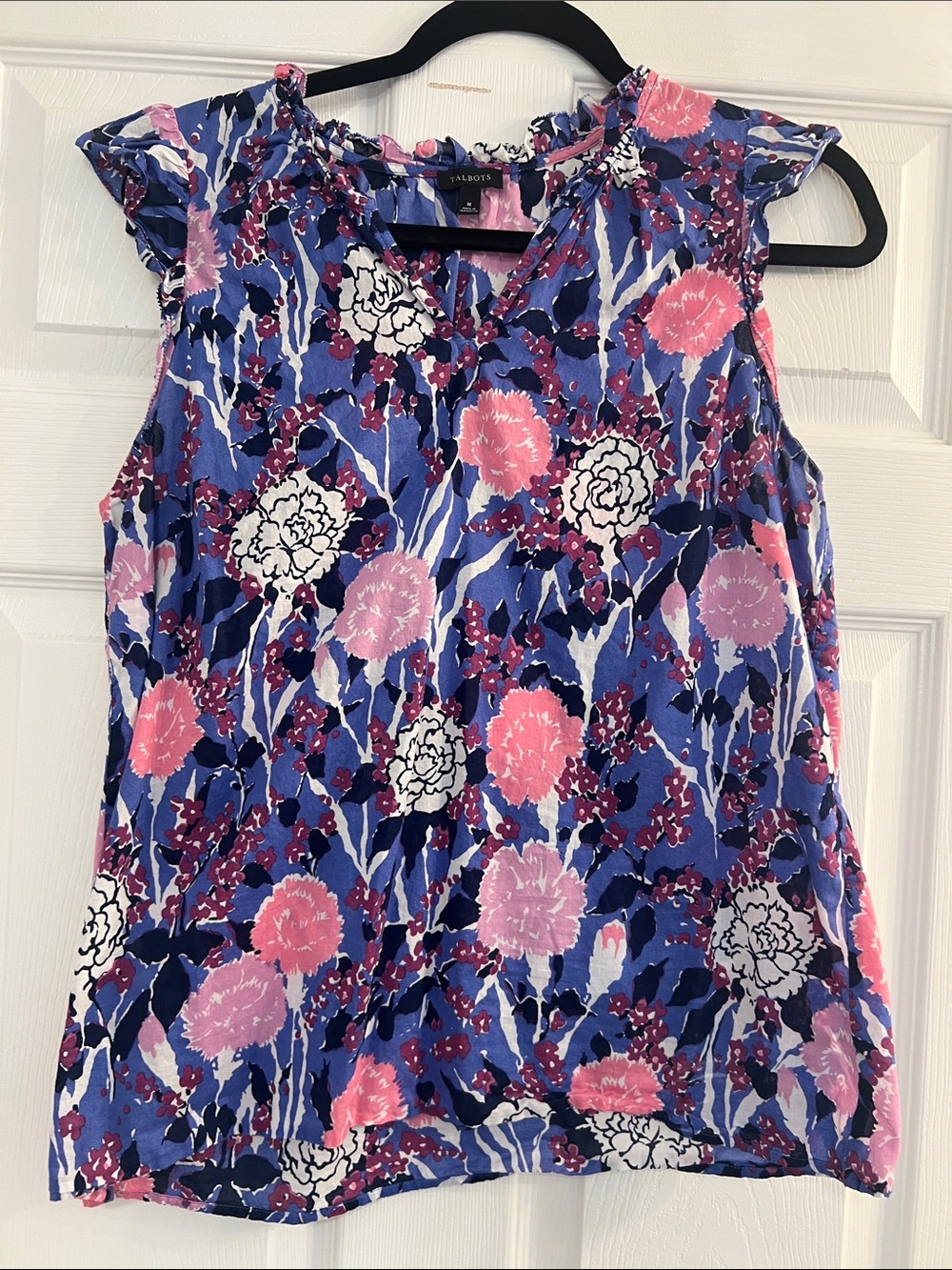 Talbots Blue Floral Sleeveless V-Neck Top with Pink & White Flowers